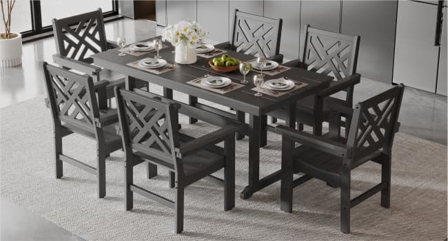 7-Piece Outdoor Dining Set, HDPE All-Weather Patio Table and Chairs Set for 6, Outdoor Patio Furniture Sets with Umbrella Hole for Outside, Deck, Backyard, Garden (Black)