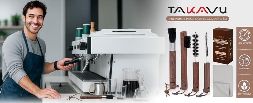 Takavu Coffee Grinder Cleaning Kit – 5pcs Boar Bristle Grinder Brush, Detail Scrub Brush, Steam Wand Brushes & Microfiber Towel for Espresso Machine Coffee Maker Pour Over