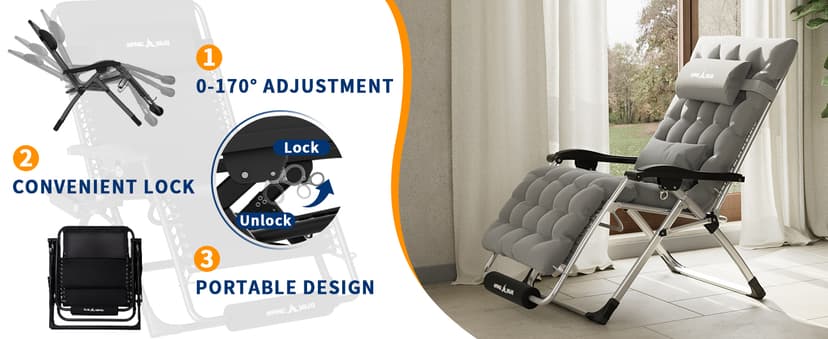 UDPATIO Oversized Zero Gravity Chair 33In XXL Patio Reclining Chair with Cushion, Outdoor Folding Recliner with Pillows|Cup Holder|Foot Rest|Padded Headrest, Black, Support 500LB