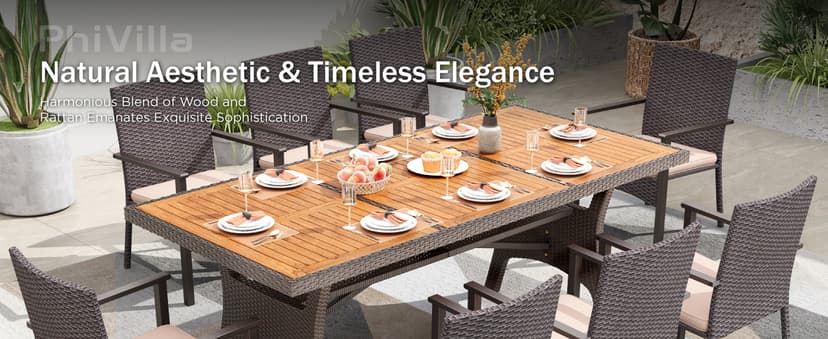 PHI VILLA Outdoor Dining Table for 6/8, 74" Rectangle Wicker Table with Acacia Wood Top & Storage Panel, Large Farmhouse Modern Furniture for Patio, Deck, Backyard, Porch