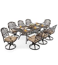 7 Piece Outdoor Dining Set Cast Aluminum, Retro Patio Dining Furniture Set for 6 Includes 59” Rectangular Table 2 Swivel Chairs with Thicker Cushions and Umbrella Hole for Patio Deck Garden