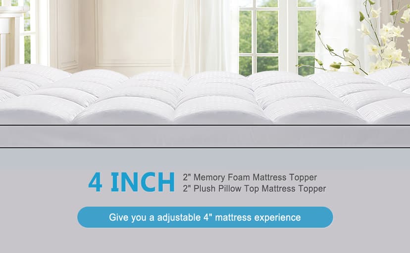 MASVIS King Size Dual Layer 4 Inch Memory Foam Mattress Topper, 2 Inch Gel Memory Foam and 2 Inch Cooling Pillow Top Mattress Pad Cover for Back Pain, Medium Support