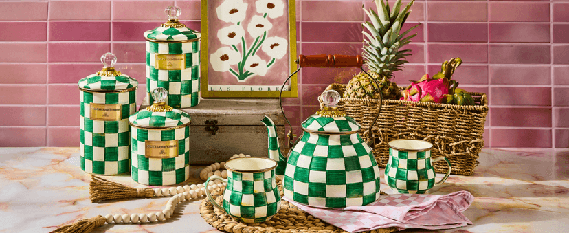 MACKENZIE-CHILDS Enamel Tea Kettle, Stylish Tea Kettle for Stovetop, Green-and-White Emerald Check, 2 Quarts