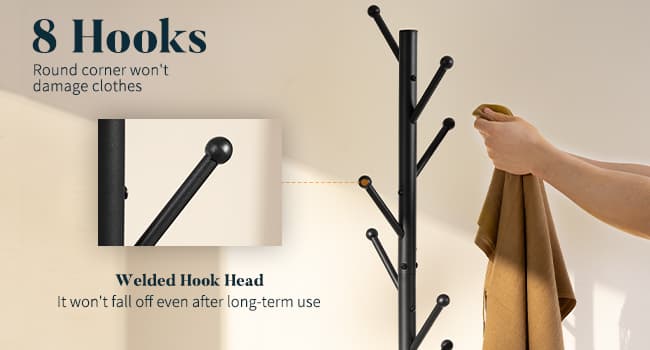 Yoobure Coat Rack Freestanding with Natural Marble Base - Coat Tree with 8 Hooks Heavy Duty Coat Hanger Stand, Metal Coat Rack Stand for Jacket, Hat, Clothes & Bag, Hall Tree Hat Rack for Entryway