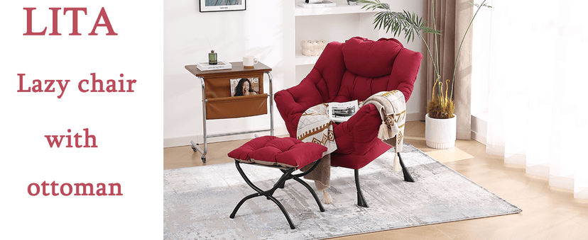 LITA Lazy Chair with Ottoman, Modern Accent Leisure Upholstered Lazy Sofa Armchair, Contemporary Lounge Reading Chair with Armrests and a Side Pocket for Living Room, Bedroom & Small Space, Dark Grey