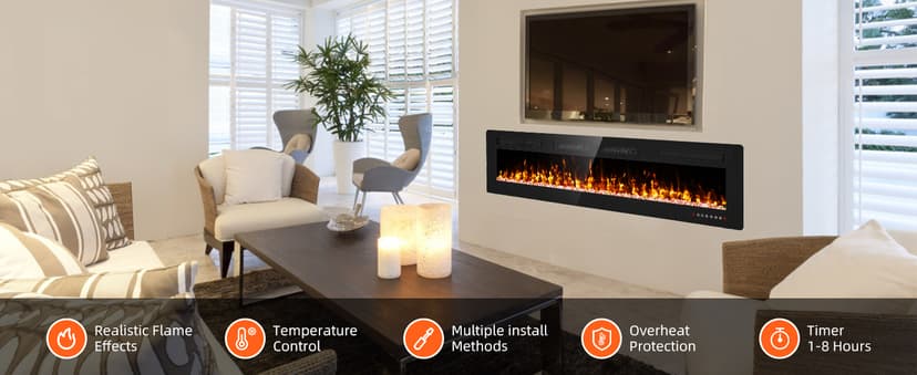 72” Recessed and Wall Mounted Fire Places Electric Fireplace Ultra Thin with Remote Control, Toucn Screen