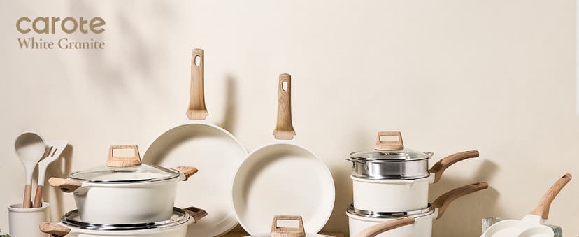 CAROTE 21Pcs Pots and Pans Set, Nonstick Cookware Sets, White Granite Induction Cookware Non Stick Cooking Set w/Frying Pans & Saucepans(PFOS, PFOA Free)