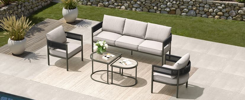 Grand patio 5-Piece Outdoor Furniture Set, 5 Seats Wicker Sofa Conversation Set with 3-Seat Couch, Thick Cushions and Coffee Table, for Backyard, Balcony, Garden (Beige)