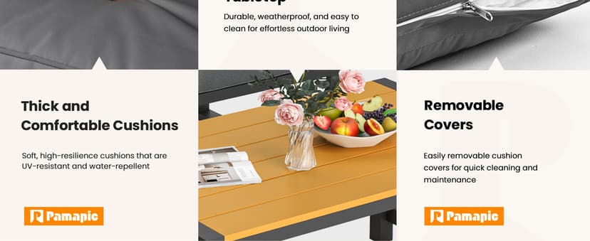 Pamapic 4 Pieces Outdoor Patio Furniture Set, Modern Metal Balcony Furniture with Plastic-Wood Coffee Table, All-Weather Patio Conversation Set with Thick Cushion for Balcony, Porch, Gray