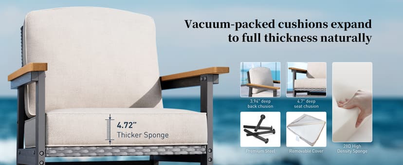 HDPE Outdoor Patio Furniture 4-Piece Set, All Weather Modern Patio Conversation Sets with Wood-grain Extended Table, Outdoor Patio Couch Set, Black Frame with Beige 4.7" Thick Cushions