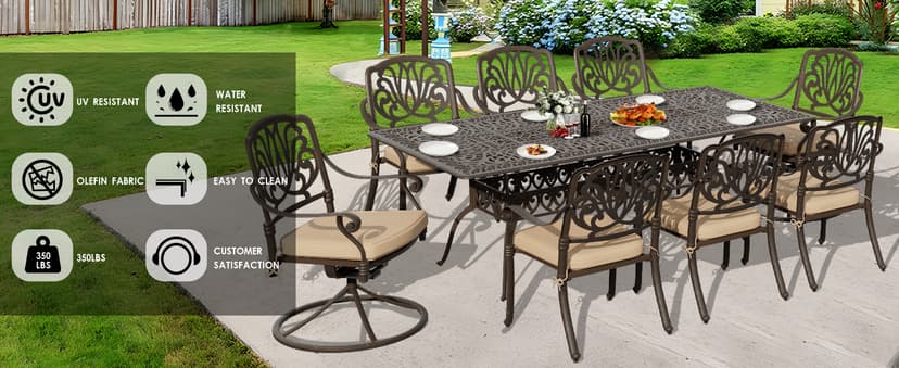 Grepatio 9 Piece Cast Aluminum Patio Furniture Set Outdoor Dining Set Bistro Furniture Set with 6 Chairs 2 Swivel and Dining Table, 8 Cushions for Backyard Garden (Khaki)