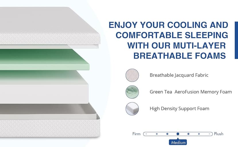 Twin Mattress, 8 Inch Memory Foam for Kids, Cooling Green Tea Gel, Fiberglass Free Comfortable Cover, Medium Firmness, Mattress in a Box, Foam Made in USA, CertiPUR-US Certified