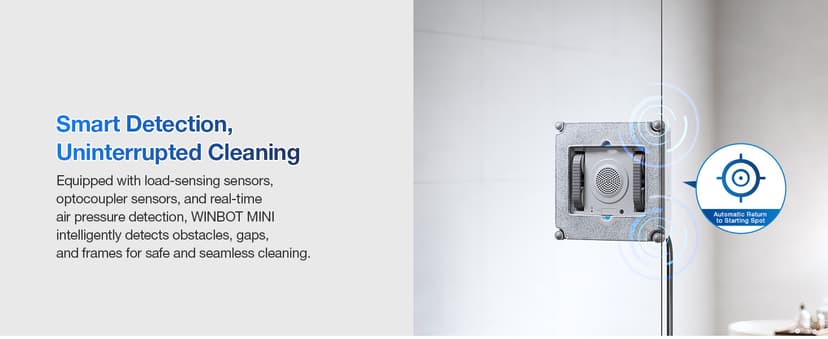 ECOVACS WINBOT Mini Window Cleaning Robot - Compact Design, Dual Nozzles with Ultrasonic Spray, 9-Stage Protection System, Intelligent Path Planning, 3 Cleaning Modes, Anti-Slipping System