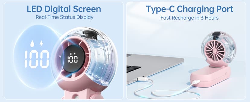 TriPole Misting Fan Portable Handheld Turbo Fan with Mist, LED Display, Neck & Desk Foldable High Speed Airflow Mini Fans, Rechargeable Personal Mister Fans with Water Spray Bottle for Outdoor Travel