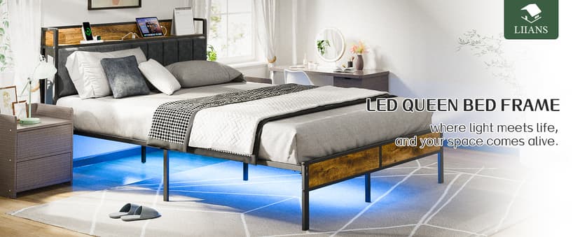 Queen Bed Frame with Headboard, Metal Platform Bed with Smart LED Lights and USB Charging Station, Easy Assembly, No Box Spring Needed