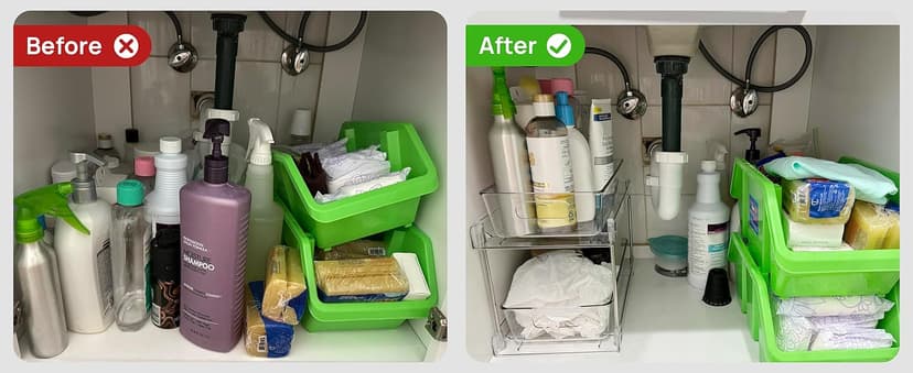 Vtopmart 4 Pack Bathroom Organizer, 2 Tier Clear Under Sink Organizers Vanity Countertop Storage Container,Cabinet Drawers Bins, Pull-Out Organization with Track for Pantry, Kitchen