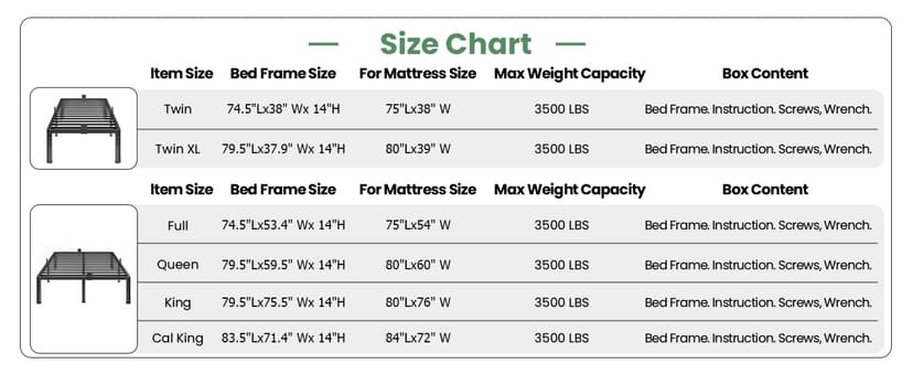 NKZ 14 Inch King Bed Frame, Sturdy Metal Platform with Round Corner Legs, 3,500 lbs Heavy Duty Steel Slat Support, Easy Assembly, Noise Free, No Box Spring Needed