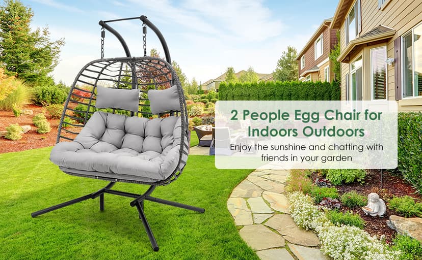 2 Person Hanging Egg Chair with Stand for Outdoor, Patio Hand Made Rattan Wicker Double Egg Swing Chairs Hammock Chair with UV Resistant Cushion and Metal Frame, Porch Swing Loveseat for Backyard