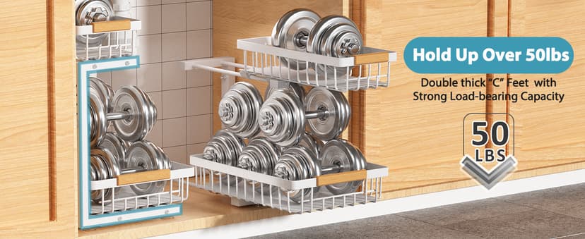 Under Sink Organizer 2 pack, 2 Tier Slide Out Under Sink Organizers And Storage, Height Adjustable Pull Out Cabinet Drawers, Kithcen Bathroom Metal Storage Caddy Shelf, White