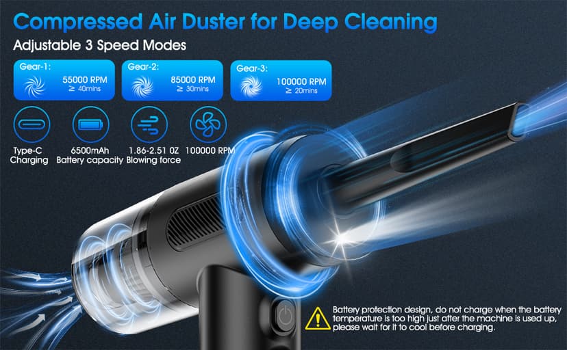 Compressed Air Duster, 100000RPM Handheld Car Vacuum/Air Blower& Pump, 3 Gear Adjustable Electric Air Duster/Car Vacuum Cleaner, Keyboard Duster with LED Light-10 Kits Air Blower for Computer(Black)