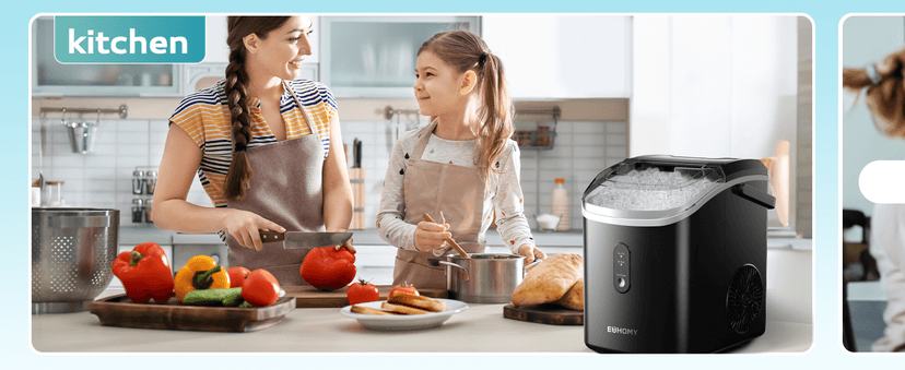 EUHOMY Nugget Ice Maker Countertop with Handle, Ready in 6 Mins, 34lbs Per Day, Removable Top Cover, Auto-Cleaning, Portable Sonic Ice Maker with Basket and Scoop, for Home/Party/RV/Camping (Black)