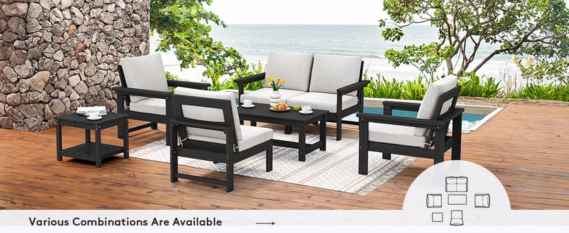 SERWALL HDPE Patio Furniture Set, 7-Piece Outdoor Sectional Sofa Set, All Weather Outdoor Couch Set for Deck, Lawn, Black Frame with Khaki Cushion