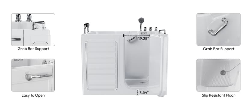Empava Walk-In Tub, Japanese Soaking Bath, Right Outward Door, Low Threshold, Slip-Resistant, Built-in Seat, Fast Drain, Handrails, Easy Access for Seniors & Mobility-Impaired,54"