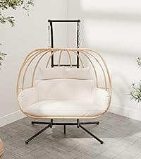Double Egg Chair Outdoor, Egg Swing Chair with Stand, Hanging Egg Chair Outdoor with Cushions/Headrest, 80" H Hanging Chairs with Stand Indoor, Metal Basket Swing Egg Chairs for Deck, Khaki
