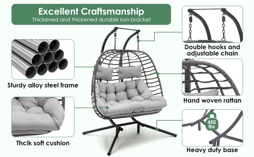 2 Person Hanging Egg Chair with Stand for Outdoor, Patio Hand Made Rattan Wicker Double Egg Swing Chairs Hammock Chair with UV Resistant Cushion and Metal Frame, Porch Swing Loveseat for Backyard