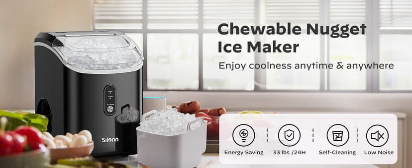 Nugget Ice Maker Countertop, Silonn Chewable Pellet Ice Machine with Self-Cleanin Function, 33lbs/24H Portable Ice Makers for Home Kitchen Officce, Black