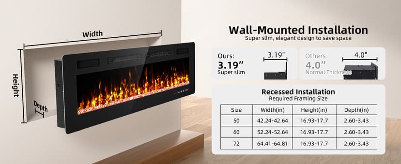 72” Recessed and Wall Mounted Fire Places Electric Fireplace Ultra Thin with Remote Control, Toucn Screen