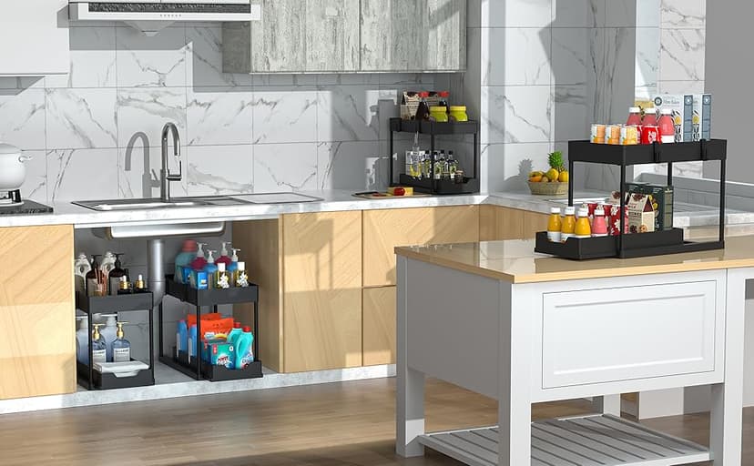 2 Pack Under Sink Organizer, 2 Tier Bathroom Cabinet Organizer with Sliding Basket, Multi-Purpose Under Sink Organizers and Storage for Bathroom Kitchen