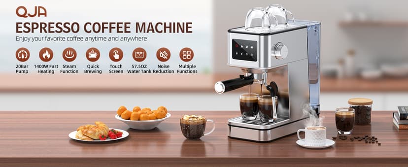 Espresso Machine with Milk Frother, 20 Bar Compact Espresso Maker with Touch Screen & 57.5oz Removable Water Tank for Home, Stainless Steel Coffee Machine for Cappuccino, Latte, Silver(updated)