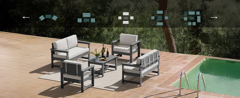 SERWALL 5 Pieces HDPE Outdoor Sofa Set with Cushions, All Weather Use Patio Conversation Couch Loveseat Furniture with Coffee Table for Balcony, Deck, Poolside, Grey Frame with Khaki Cushions