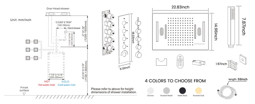 MONDAWE 23" Full Body Thermostatic Shower Jets System, 64-Color LED Music Waterfall Rainfall Luxury Shower Head System with 6 Spray Jets, Ceiling Mount Rain Shower Faucet Set, Matte Black