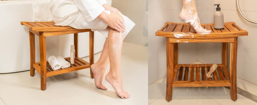 Premium 22" Teak Shower Bench with Handles, Waterproof Teak Shower Stool, Wooden Stool for Bathroom, Teak Wood Shower Bench Stool Seat Chair for Shower Storage Shelf, 300 Lbs Capacity