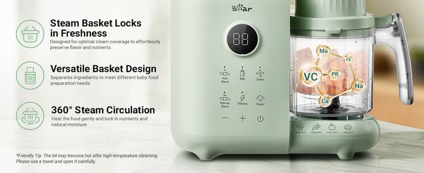 Bear 2025 Baby Food Maker with Two Layer Steam Baskets, Multifunction Baby Food Processor Steamer Puree Blender, Baby Food Mill with Bottle Warming Sterili-zing Auto Cleaning Function, BPA-Free