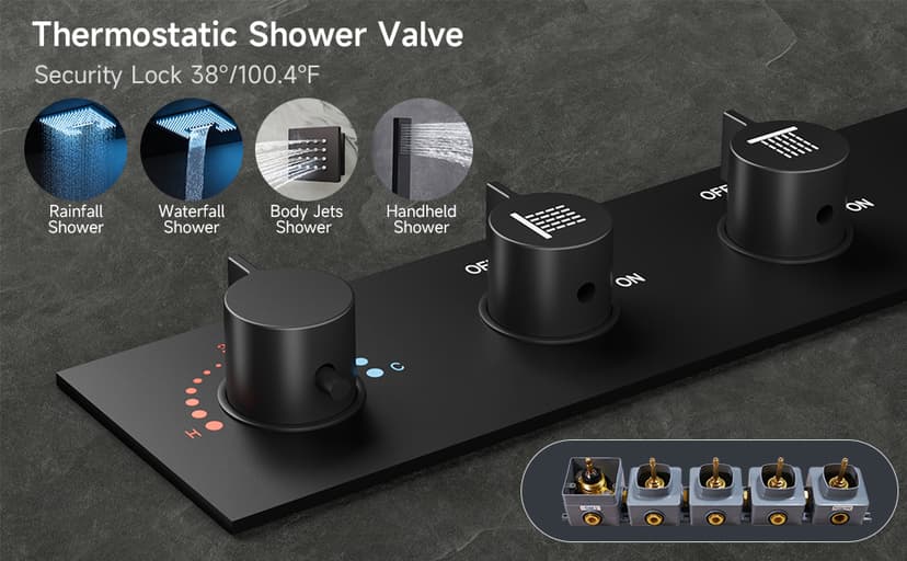 Smart Shower System with Body Jets, Black Shower Head and Handle Set,16" Ceiling Mount Rainfall Waterfall Shower Jets System with Tub Spout,Thermostatic Shower System Bathroom with Music and Led Light