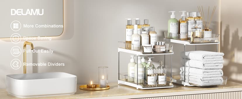 Delamu 2 Sets of 2-Tier Multi-Purpose Bathroom Under Sink Organizers and Storage, Stackable Kitchen Pantry Organization, Pull Out Medicine Cabinet Organizer with 8 Movable Dividers