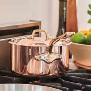 Mauviel M'Heritage 200 B 2mm Polished Copper & Stainless Steel Frying Pan With Brass Handles, 10.24-in, Made In France