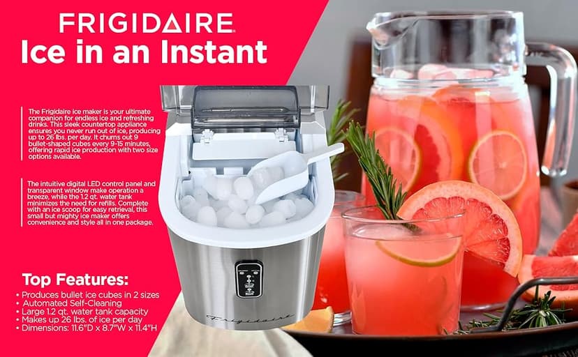 Frigidaire EFIC103-AMZ-SC Counter Top Maker with Over-Sized Ice Bucket, Stainless Steel, Self Cleaning Function, Heavy Duty, Stainless
