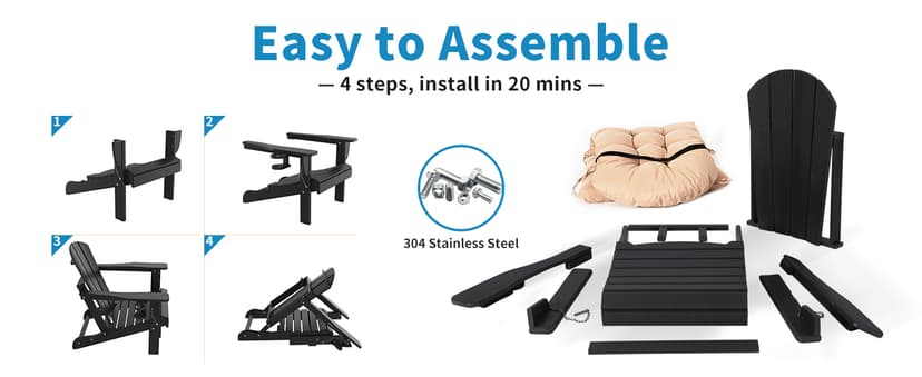 nalone Folding Adirondack Chairs Set of 2 with Cushions and Cup Holder, HDPE Plastic Oversized Patio Chair Weather Resistant, Used in Outdoor, Fire Pit, Deck, Garden, Campfire Chairs (Black)