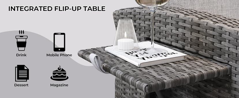 Outdoor Wicker Recliner Chair, Patio Recliner with Independently Adjustable Backrest and Footrest, All-Weather PE Wicker Patio Reclining Lounge Chair with Flip-Up Table Air Pump 155° Lay Flat