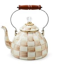 MACKENZIE-CHILDS Enamel Whistling Tea Kettle, Decorative Teapot for Stovetop, Brown-and-White Mocha Check