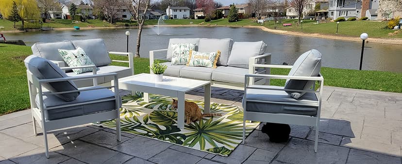 Wisteria Lane Patio Furniture Aluminum Sofa, All-Weather Outdoor 3 Seats Couch, Black Metal Chair with Light Grey Cushions