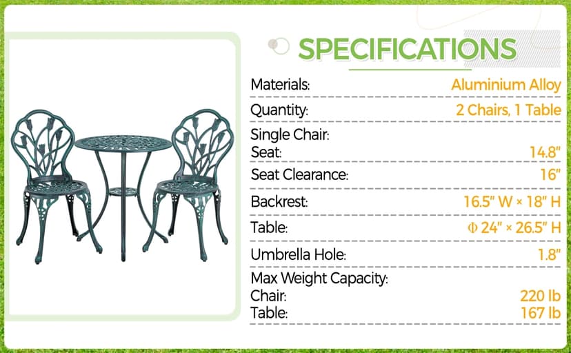 Yaheetech Patio Bistro Sets 3 Piece Cast Aluminum Bistro Table and Chairs Set, Cast Aluminum Bistro Table and Chairs Set of 2 with Umbrella Hole for Patio Backyard Balcony, Green