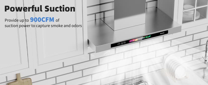 BRANO 30 Inch Wall Mount Range Hood 900 CFM with Voice/Gesture/Touch Control, Stainless Stee Ducted Kitchen Hood Vent with 4 Speed Exhaust Fan, Memory Mode, Adjustable Lights