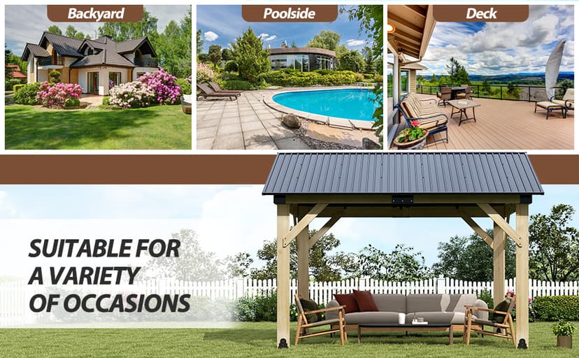 10' x 12' Wood Gazebo, Outdoor Cedar Hardtop Wooden Frame Gazebos with Galvanized Steel Roof for Garden, Patio, Deck