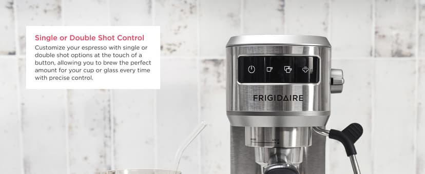 Frigidaire Steam Espresso Maker, Coffee Machine with Milk Frother & Cup Warmer, 20 Bar Pressure, 34 oz Removable Water Tank, Single or Double Shot, Stainless Steel