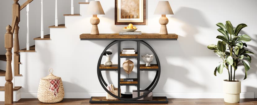 41" Console Table for Entryway, 4-Tier Industrial Narrow Wood Sofa Accent Tables with Circle Storage Shelves for Living Room, Hallway, Foyer (Rustic Brown)